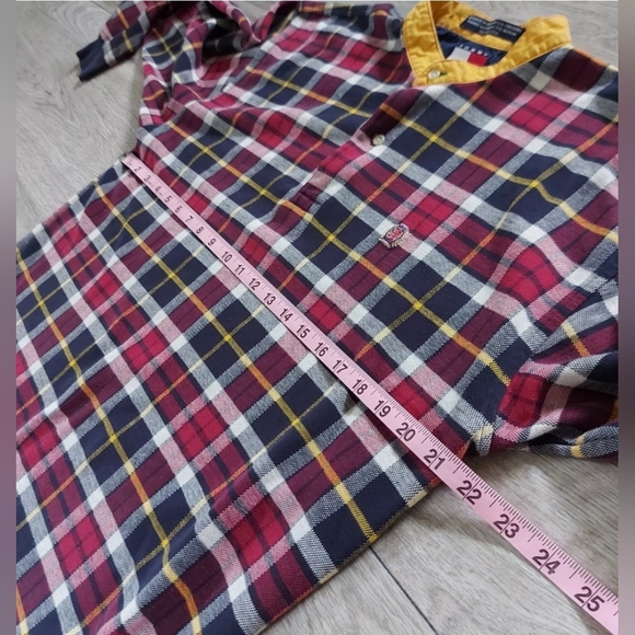 Vintage Tommy Hilfiger Plaid Polo Rugby Shirt Band Mandarin Collar Large - Picture 6 of 7